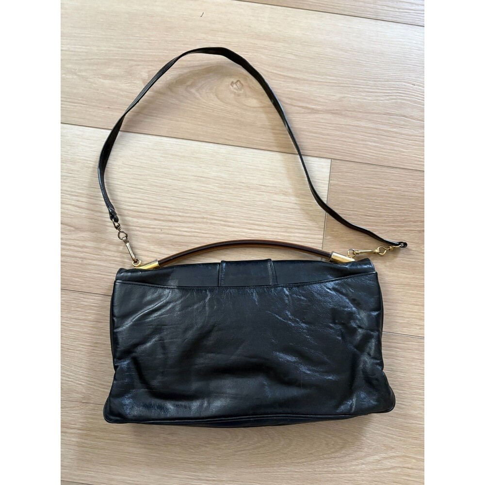 Vintage Black Leather Clutch Shoulder Bag Gold Tone Metal Clasp Flap Style - Picture 3 of 7